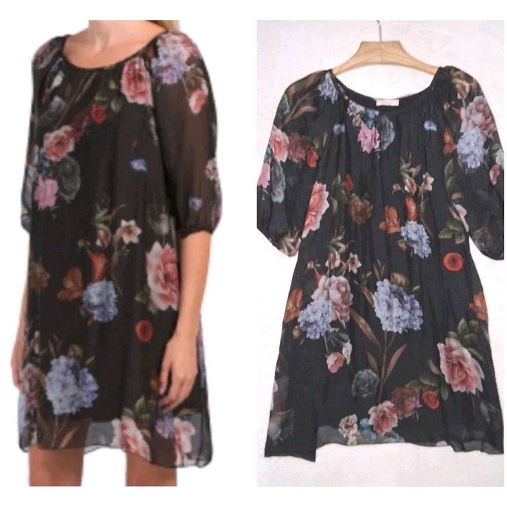 BELLAMBRA Made in Italy Floral Silk Blend 3/4 sleeve Black Dress Size Small